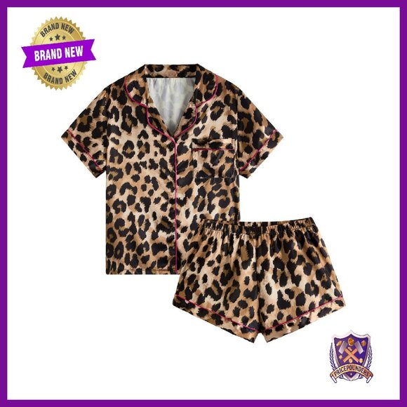 Satin Pajama Set Leopard Print Button Front Short Sleeve